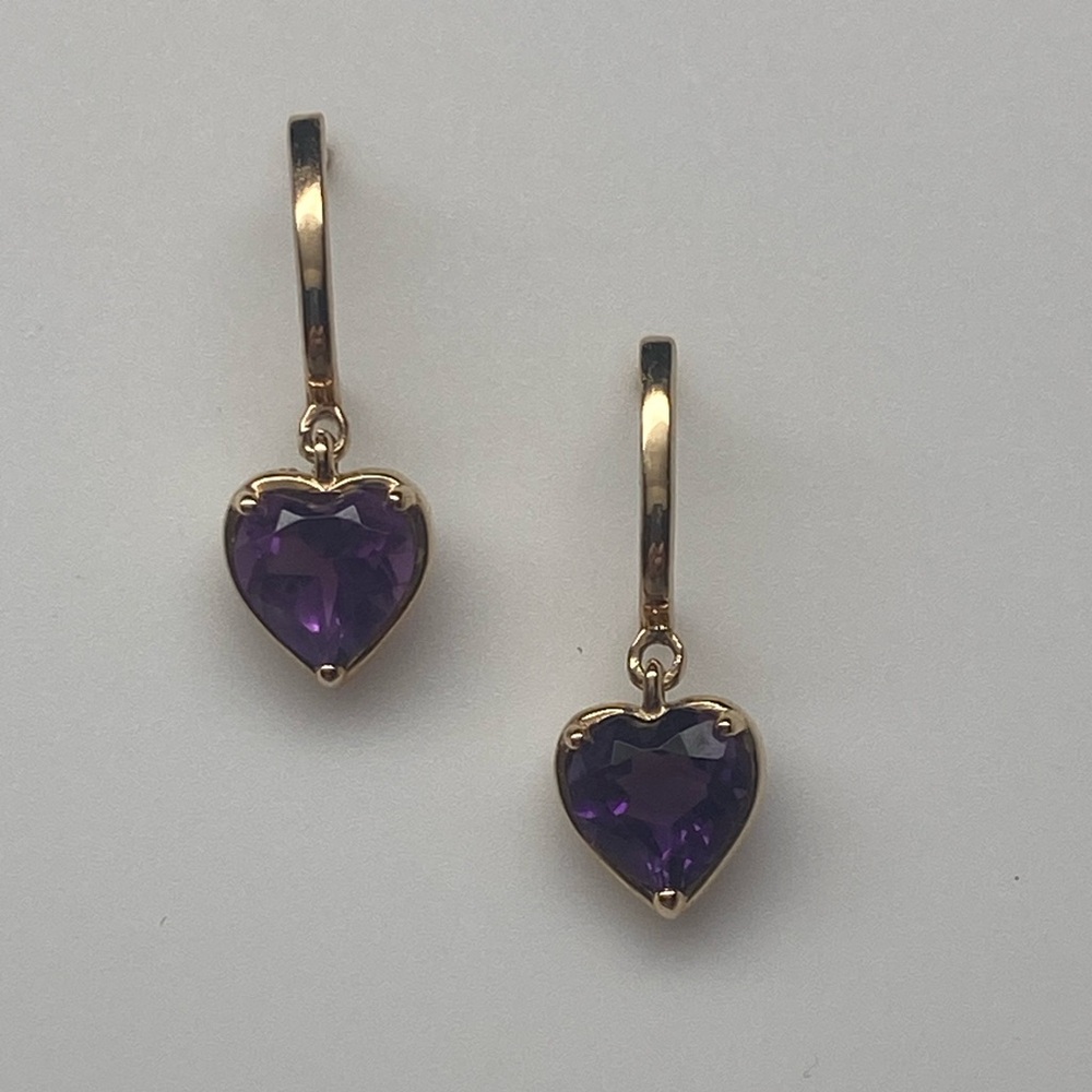 10K Solid Yellow Gold Natural Heart Shape Amethyst Dangle Earrings NEW